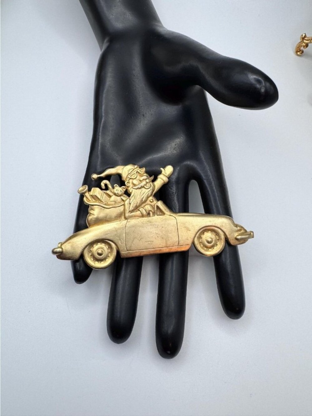 Vintage Santa Claus Driving a Convertible Signed JJ Brooch Gold Tone Pretty